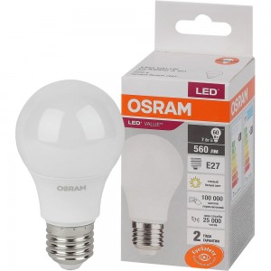 Светодиодная лампа OSRAM LED Value, A. E27, 560Лм, 7Вт, замена 60Вт, 3000К, теплый белый свет 4058075577893