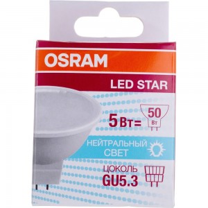 Светодиодная лампа OSRAM LED STAR, MR16, 5Вт, GU5.3, 400Лм, 4000К, нейтральный белый свет 4058075480490