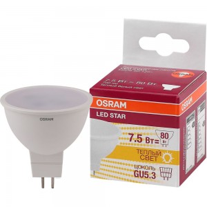 Светодиодная лампа OSRAM LED STAR, MR16, 7.5Вт, GU5.3, 700 Лм, 3000 К, теплый белый свет 4058075229068