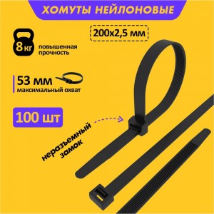 Хомут REXANT nylon 200x2.5 мм 100 шт черный 07-0201-4