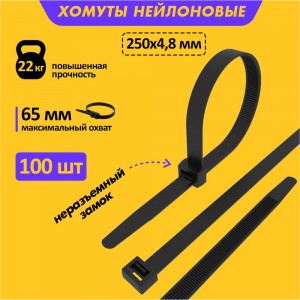 Хомут REXANT nylon 250x5 мм 100 шт черный (предлагаем аналог 57-0251-5) 07-0251-5