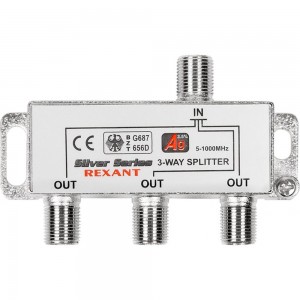 Делитель REXANT ТВ х 3 + 4шт. F BOX 5-1000 МГц Silver 05-6102