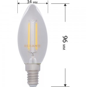 Филаментная лампа REXANT Свеча CN35 7.5 Вт 2700K E14 диммируемая 604-087