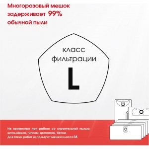 Мешок для Спец ПС-1400, Deko DKVC1400-15, Einhell TC 1812, многоразовый класс L, 8 л ROCKSTAR ZIP-R41