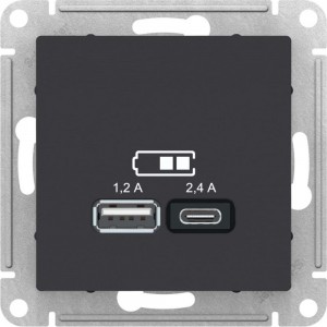 Розетка USB A+С Schneider Electric AtlasDesign Карбон 5В/2,4А, 2х5В/1,2 А ATN001039