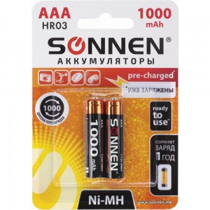Аккумуляторные батарейки SONNEN ААA HR03 Ni-Mh 1000mAh 2шт в блистере 454237