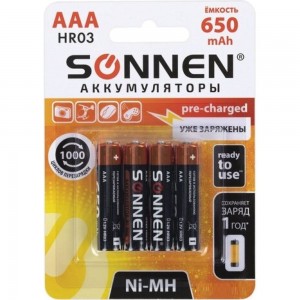 Аккумуляторные батарейки SONNEN комплект 4 шт., AAA (hr03), 650 mah, ni-mh, в блистере, 455609