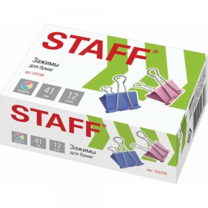 Зажимы STAFF Profit для бумаг, комплект 12 шт, 41 мм, на 200 листов, цветные, картонная коробка, 225159