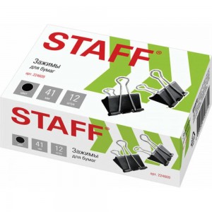 Зажимы STAFF EVERYDAY для бумаг, комплект 12 шт, 41 мм, 200 листов, черные, картонная коробка, 224609