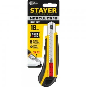 Нож с автозаменой и автостопом с дополнительным фиксатором Stayer HERCULES-18 3 сегмент. лезвия 18 мм 09165_z01