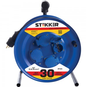 Удлинитель на металлической катушке STEKKER PRF02-41-30 с заземлением, 30м, 3х2,5 морозостойкий, Professional, синий 39296