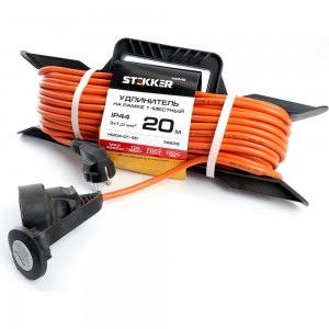 1-местный удлинитель-шнур на рамке STEKKER с заземлением HM04-01-20, 3х1,0мм2, 20м, 10А, Home, оранжевый 39628