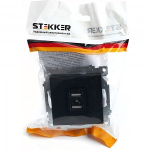 2-местная USB розетка STEKKER механизм, 250В, 2,4А, серия Катрин, GLS10-7115-05, черный 39616