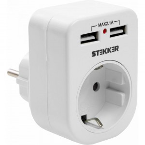Сетевой переходник STEKKER с заземлением c 2 USB 2,1А, ADP16-24-20, 250В, 16A, IP20, белый 39626