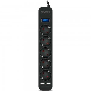 Фильтр SVEN SF-05LU 3.0 м (5 евро розеток, 2*USB(2.4А)) черный, цветная коробка SV-018849