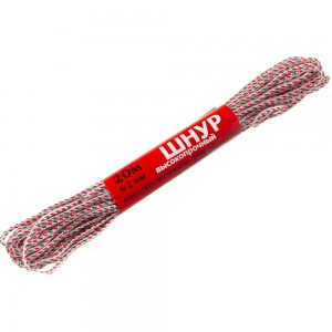 Плетеный шнур Tech-Krep ПП, 2 мм, с сердечником, 16-прядный, высокопрочный, цветной, 20 м 139905
