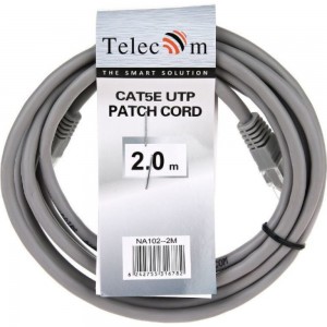 Литой патчкорд Telecom UTP, категория 5е, 2,0м, серый NA102--2M