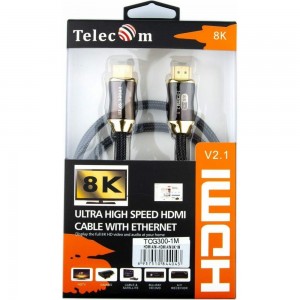 Кабель Telecom, HDMI 19M/M, ver. 2.1, 8K 60 Hz 2m металлические разъемы, нейлоновая оплетка TCG300-2M
