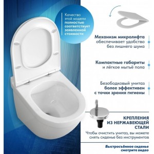 Подвесной унитаз Teymi Iva безободковый, сиденье микролифт T40601 ЦБ-00260332