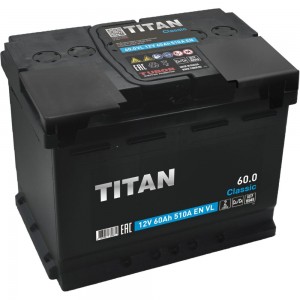 Аккумулятор TITAN CLASSIC 60.0 VL обратная полярность, 510 А, 242x175x190 мм 4607008889871