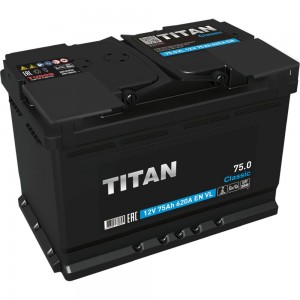 Аккумулятор TITAN CLASSIC 75.0 VL обратная полярность, 620 А, 278x175x190 мм 4607008889895