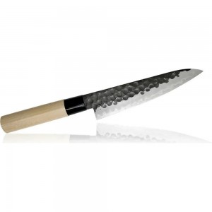 Кухонный поварской нож TOJIRO hammered finish длина лезвия 180 мм, сталь vg-10, 3 слоя, рукоять магнолия F-1114