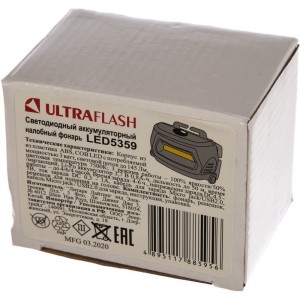 Налобный аккумуляторный фонарь, черный, COB 3Вт, 3 режима, пластик Ultraflash LED5359 13803