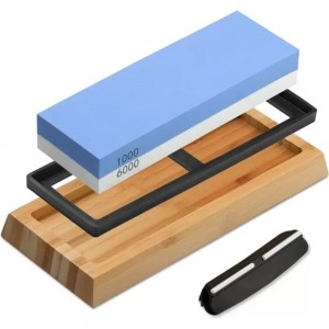 Двусторонний точильный камень для заточки ножей URM водный с силиконовым держателем и бруском, на подставке D01497