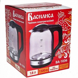 Электрический чайник ВАСИЛИСА ВА-1036 корпус из жаропрочного стекла, черный 1500 Вт, 1.8 л Р1-00008217