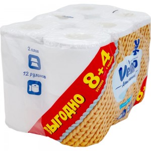 Туалетная бумага Veiro Домашняя 2-х слойная, белая, 12 шт 34398