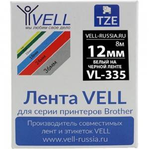 Лента Vell VL-335 Brother TZE-335, 12 мм, белый на черном, для PT 1010/1280/D200/H105/E100 320108