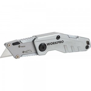 Складной быстросменный нож WORKPRO алюминиевый, трапециевидное лезвие WP211010