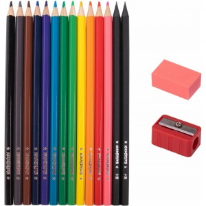 Цветные карандаши ЮНЛАНДИЯ Монстрик, набор 12 цветов + 2 чернографитных карандаша + ластик + точилка, заточенные, шестигранные 181690