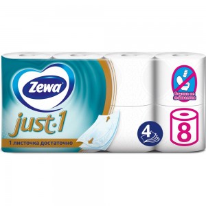 Туалетная бумага ZEWA Just 1 4-х слойная, 8 рулонов, 8x12 м, белая 144120 113846
