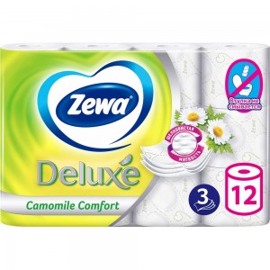 Туалетная бумага ZEWA Deluxe 3-х слойная, 12 рулонов, 12x18 м, с ароматом ромашки 53613 114753