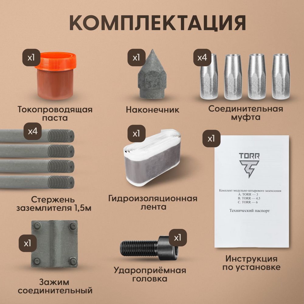 Комплект заземления TORR, KS-0200, 6 метров, горячий цинк, готовый к  установке 6151030